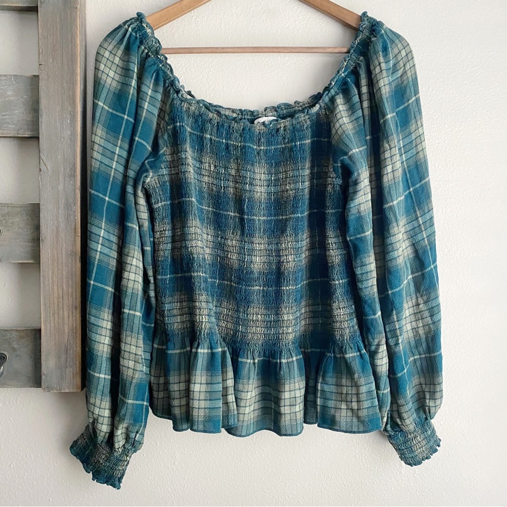 Green Plaid Smock Balloon Sleeve Top